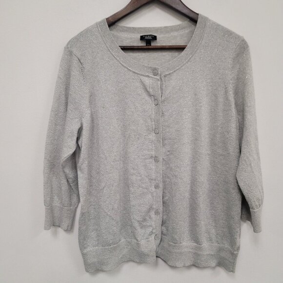 Talbots Sweaters - Talbots Womens Silver Metallic Button Up Cardigan Size 2X Petite Gray 3/4 Sleeve